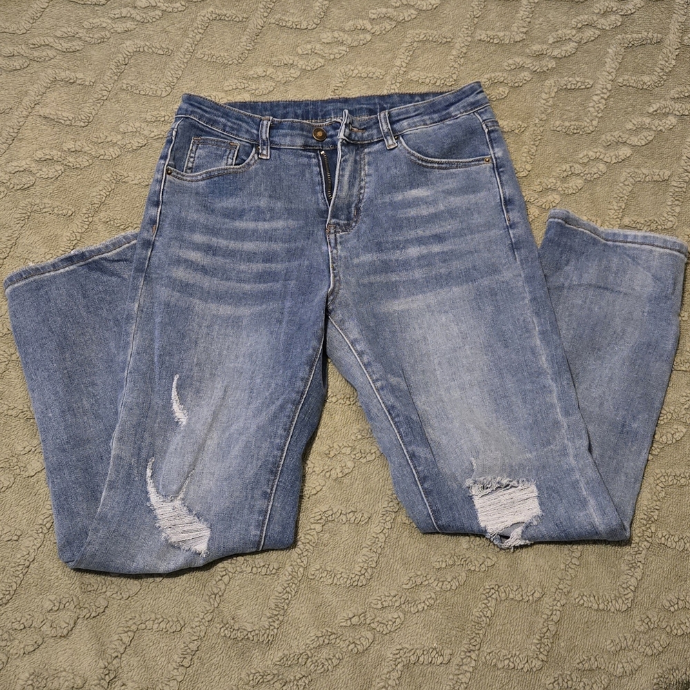 Women’s Distressed Light Blue Jeans - Classic Stretch Denim